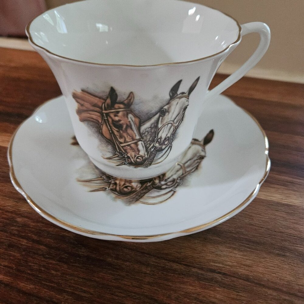 beautiful gold rimmed horse cup and saucer tea set regency bone china England